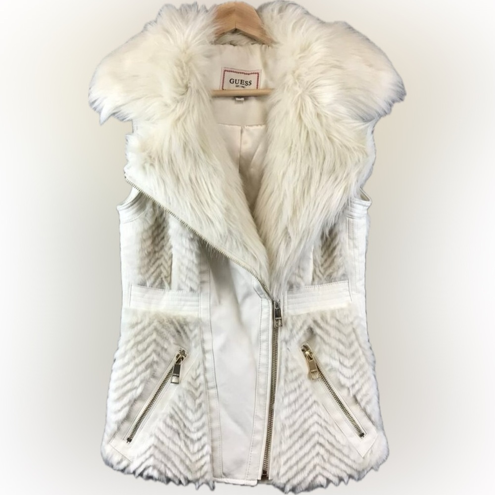 NWT💎 Guess Cream White Jayden Faux Fur Zipper Vest Size Xs